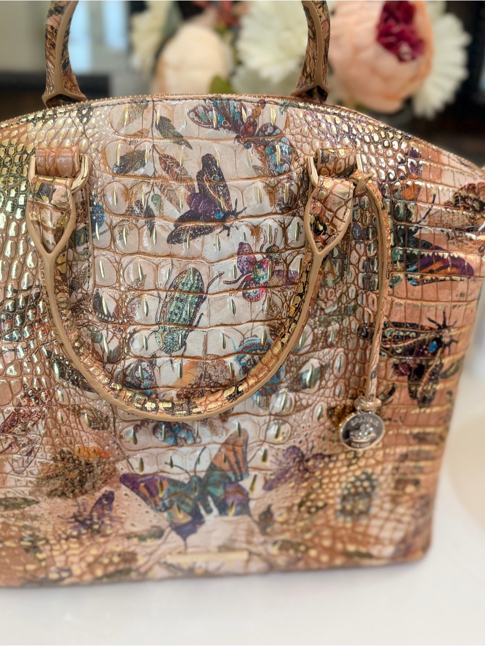 Butterfly Embossed Metallic Satchel - Brahmin Rose Gold